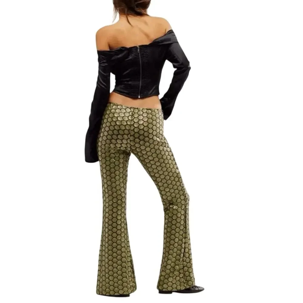 FREE PEOPLE Wilder Days Sequined Flared Pants in Olive Size 10 New MSRP $198